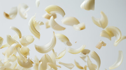 Chopped onion gracefully suspended mid-air, originating from a pan - obrazy, fototapety, plakaty