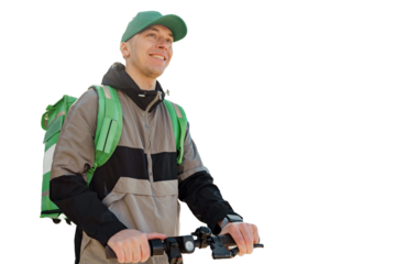 The courier is a professional delivery driver for a courier service. He works in a clear, isolated background.
