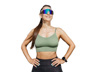 In sports glasses, there is a slender, female runner wearing sports clothes. The background is transparent and isolated.
