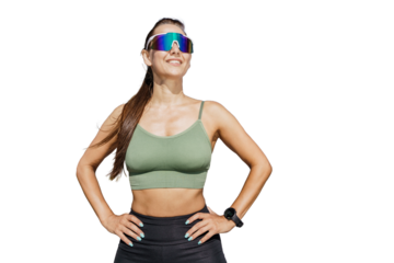In sports glasses, there is a slender, female runner wearing sports clothes. The background is transparent and isolated.

