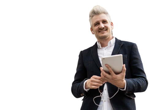 A businessman, a creative manager, uses a tablet computer in a transparent, isolated background.