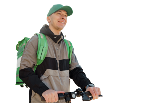 The courier is a professional delivery driver for a courier service. He works in a clear, isolated background.
