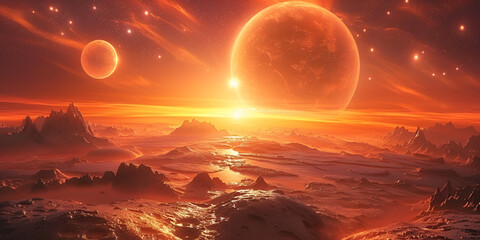 Sun exploding close to inhabited planets system Panoramic view of planets in distant solar system in space 3D rendering Mars planet landscape surface galaxy space future view scene.