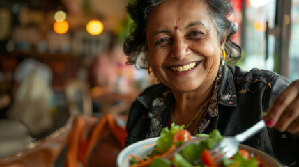 Portrait of a smiling 30+ indian woman enjoying a salad