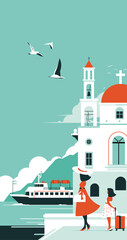 Sunny stroll, cheerful woman and girl child walking towards church at Santorini island, red dress, suitcase, boat, seagulls, blue sky, clouds, optimistic flat illustration.