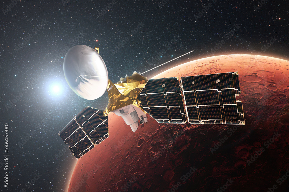 Poster Technological satellite flies in orbit of the red planet Mars. Exploring the planet Mars. Surface of Mars with craters in stellar space with the sun. Mars Reconnaissance Orbiter