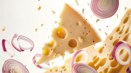 Cheese slice with onion gracefully suspended mid-air, originating from a pan - obrazy, fototapety, plakaty