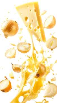 Cheese slice with onion gracefully suspended mid-air, originating from a pan