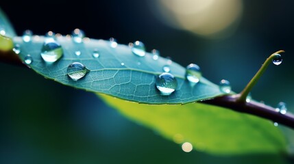 Explore the reflective beauty of water droplets on leaf with blurred background and space for text