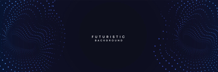 Dark blue digital technology banner gradient web background. Blue abstract waving lines and halftone circles frame glowing geometric diagonal pattern business background for brochure, cover, header