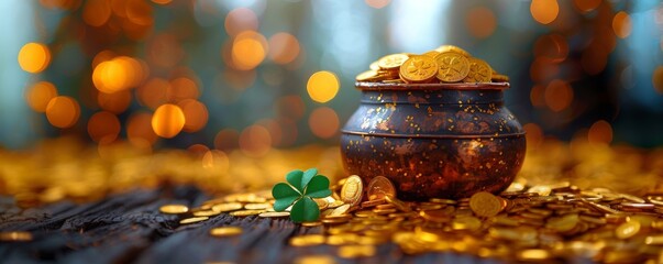 Leprechaun pot full of golden coins and four-leaf clover on wooden table. St. Patrick day greeting card wishing good luck bokeh effect