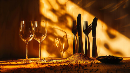 Close-up of spices on a table with the silhouette of cutlery - obrazy, fototapety, plakaty