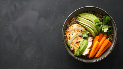 Buddha Bowl featuring buckwheat, pumpkin, chicken fillet, avocado, and carrots on a black background