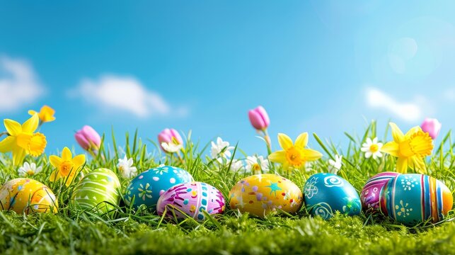 A wide banner image of vibrant Easter eggs of various colors scattered on fresh green grass, background of blooming daffodils and tulips, clear blue sky. Bright and festive spring atmosphere