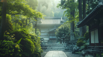 Misty morning at Japanese temple entrance, surrounded by lush greenery