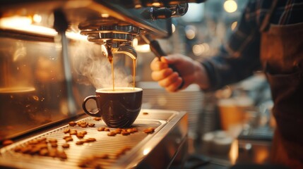 Fototapeta na wymiar Barista making coffee in coffee shop, closeup. Professional coffee brewing process. Coffee concept