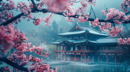 Cherry blossoms frame a tranquil lakeside Japanese temple enveloped in a soft mist, creating a picturesque scene