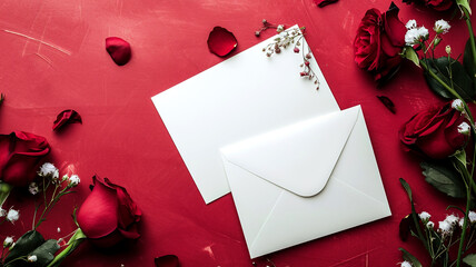 Blank white card with white envelope and red rose flowers on scratched vintage desk - Valentine and love concept. Rose petals and white Gypsophila, romantic background for a love message.