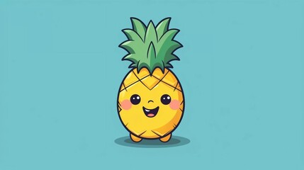 Trendy Vector illustration of hand drawn colorful pineapple fruit. Cute character. Cartoon style. Isolated on blue background