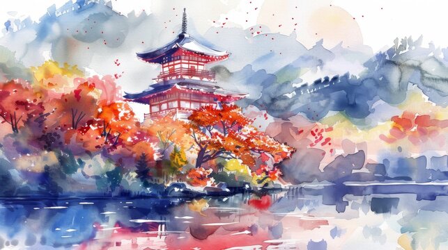 A watercolor pagoda beside a lake, enveloped in autumnal colors with reflections dancing on the water's surface