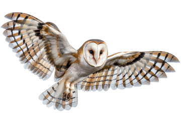 A barn owl gracefully gliding through the air, its outstretched wings showcasing the intricate details of its feathers.