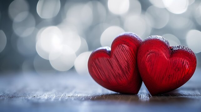 Red wooden hearts with an unfocused background
