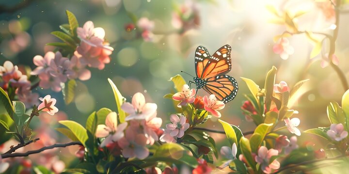 Butterfly perched on flower, beautiful background under sunlight
