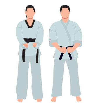 Male and female karate player. Realistic pair of male and  female combat player in isolated white background. 