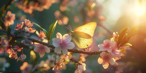 Butterfly perched on flower, beautiful background under sunlight