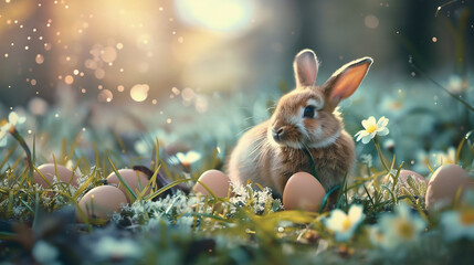 Fototapeta na wymiar Easter bunny and Easter eggs. Spring Christian holiday and its symbol krashanka.