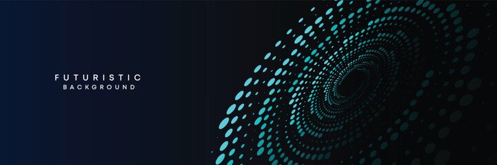 Dark blue digital technology banner gradient web background. Blue abstract waving lines and halftone circles frame glowing geometric diagonal pattern business background for brochure, cover, header