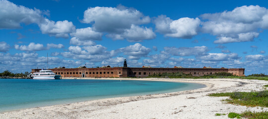 General view of Fort Jefferson from Bush Key with the ferry boat parked in front, Dry Tortugas...