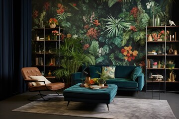 Bold Jungle Motif Botanical Print Wallpaper: Contemporary Lounge Space Inspirations