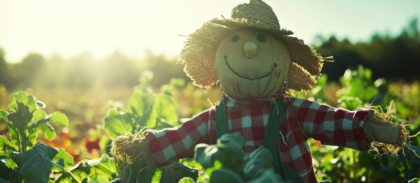 Scarecrow in rural farmland growing vegetables.