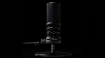 Condenser black studio microphone on a black background.