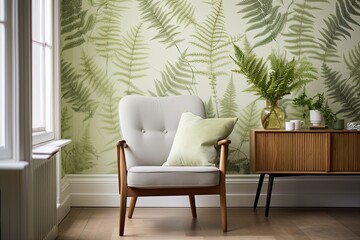 Fototapeta na wymiar Green Fern Patterns: Botanical Print Wallpaper Inspirations for Minimalist Living Room