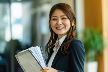 書類を持つ笑顔の日本人の女性会社員（白背景・スーツ・笑顔） - obrazy, fototapety, plakaty