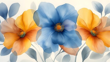 Elegant Spring Blossoms Artistic Orange and Blue Flowers Illustration
