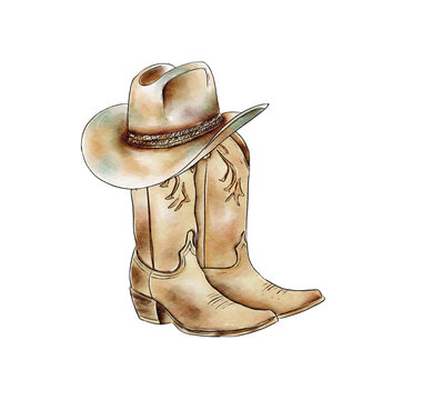 Watercolor cowboy boots and a hat. Painting isolated on white background.
