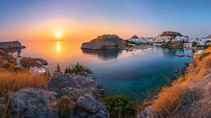Cove with Acropolis located on a rock, Lindos city.