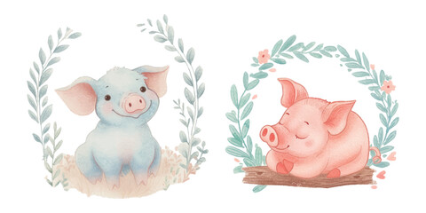 cute pig soft watercolour vector illustration