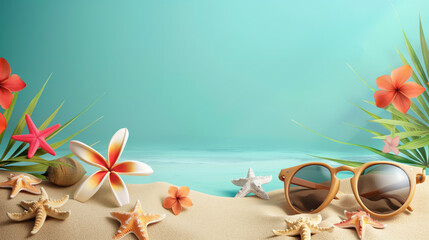 Summer background with sunglasses, starfish, seashells and palm leaves. Hello summer concept. 