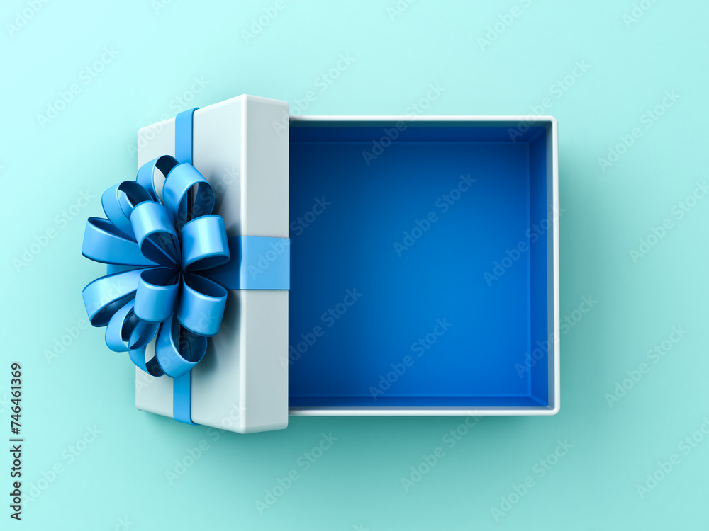 Poster Blank open white gift box with blue bottom inside or top view of opened present box with blue ribbon and bow isolated on light blue pastel color or cyan background minimal concepts 3D rendering