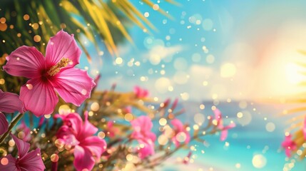 Fototapeta na wymiar Pink hibiscus flowers on tropical beach with bokeh background. Hello summer concept. Summer background
