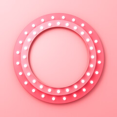 Pink retro round sign billboard with neon light bulbs frame isolated on pink orange pastel color wall background with shadow minimal concept 3D rendering
