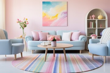 Bright Pastel Living Room Inspirations: Floor Rugs and Round Tables Elegance