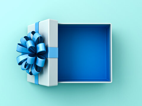 Blank open white gift box with blue bottom inside or top view of opened present box with blue ribbon and bow isolated on light blue pastel color or cyan background minimal concepts 3D rendering