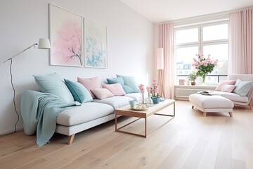 Bright Pastel Living Room Inspirations: Laminate Flooring and Serene Decor Heaven