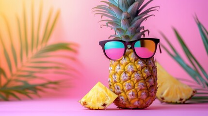 Funny pineapple with sunglasses and palm leaves on pink background. Summer vacation concept.