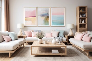Bright Pastel Living Room Chic: Wooden Coffee Tables in Stunning Apartments
